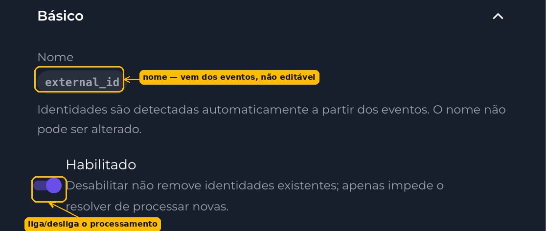 Seção Básico da configuração de identidade