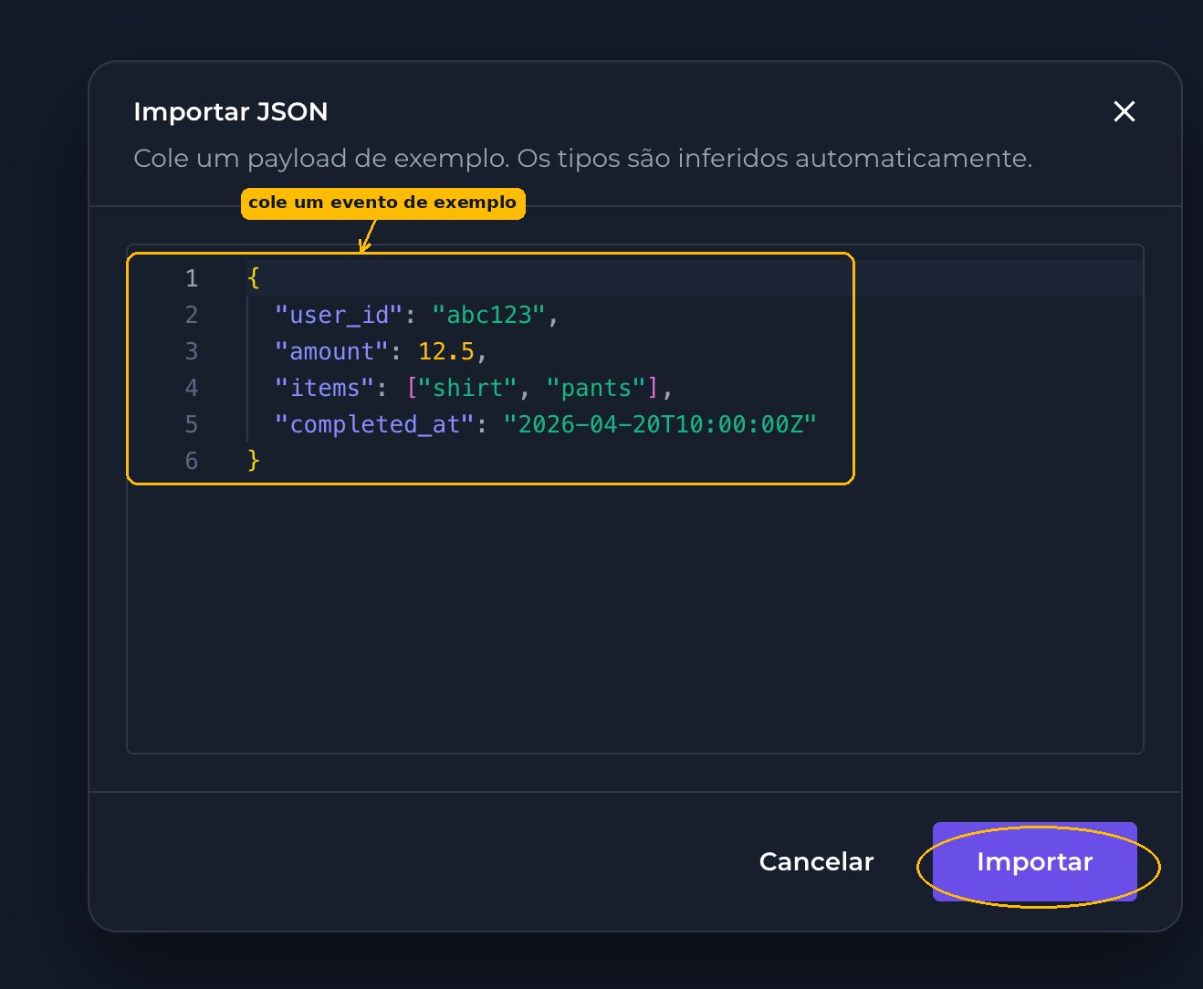 Modal Importar JSON com um payload de exemplo