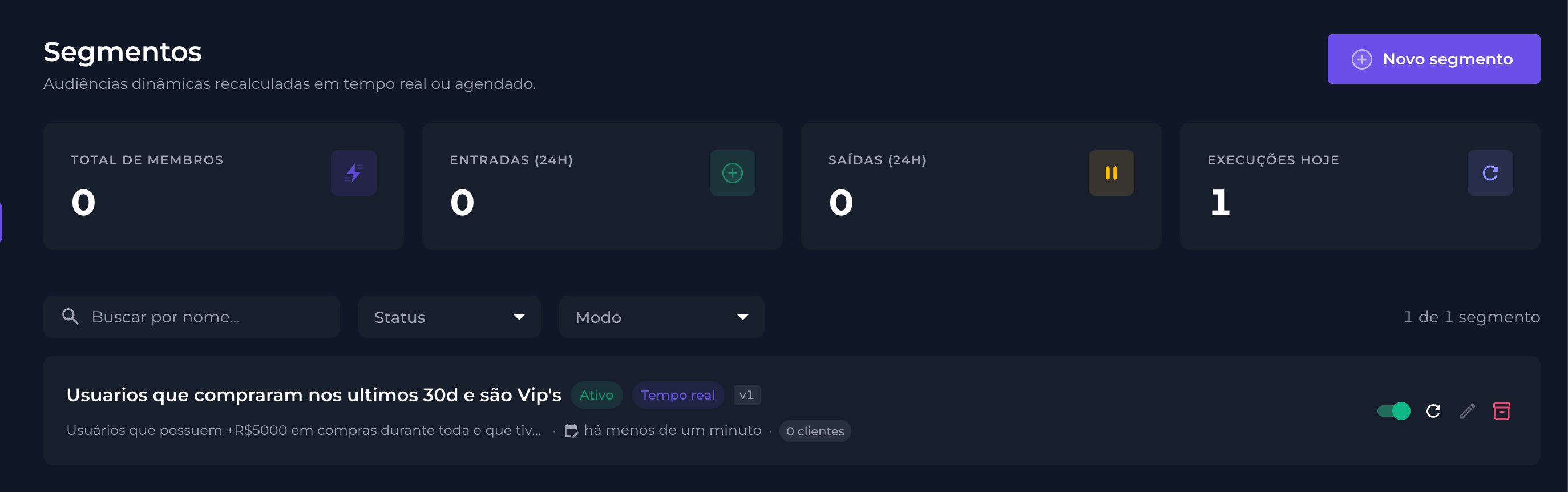 Lista de segmentos com os cartões de resumo