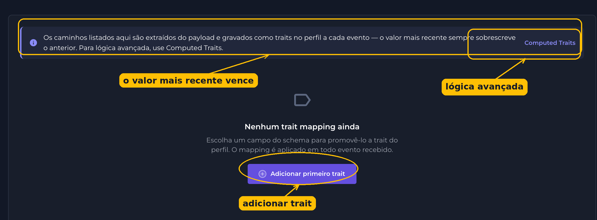 Tela de trait mapping vazia com o aviso sobre o valor mais recente