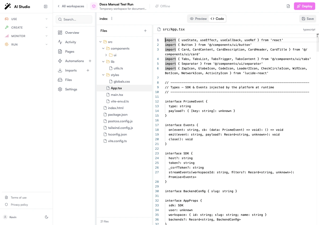 Builder page code mode with the source file tree and React editor
