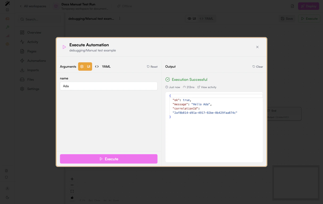 Manual automation test run with execution output and activity link