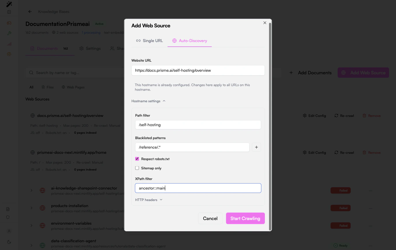 Auto-Discovery configuration for an Knowledges website crawl