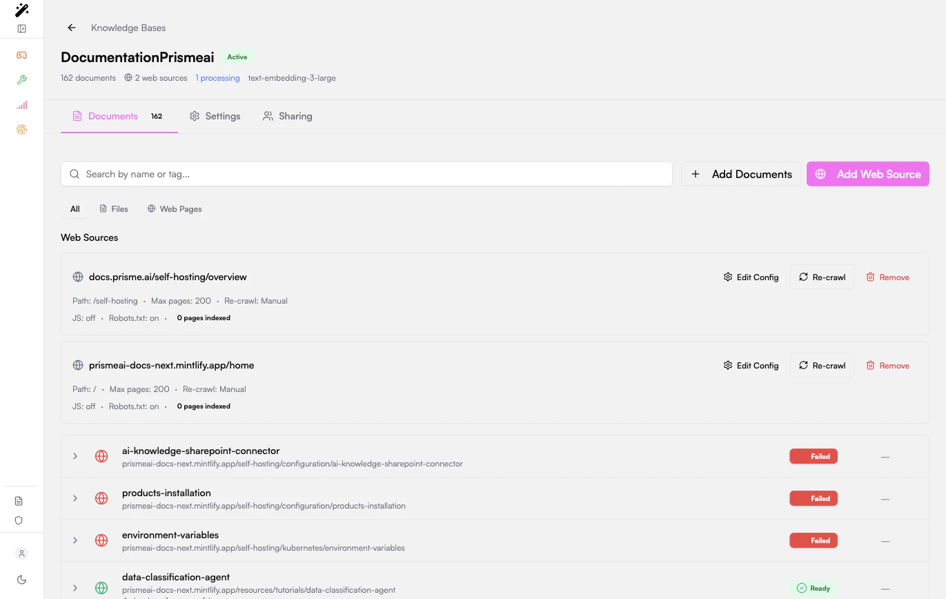 Knowledges base with configured web sources and crawled pages