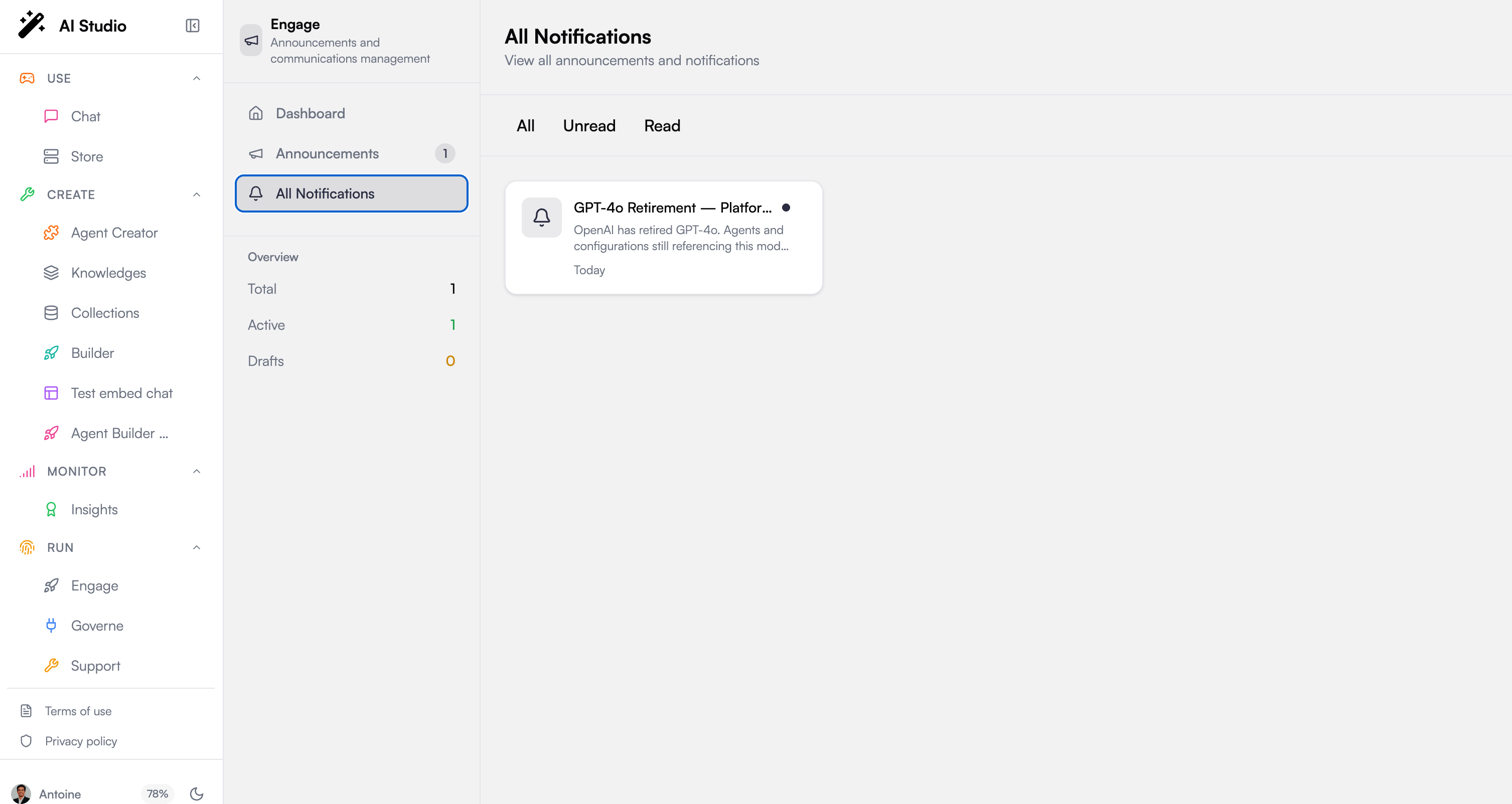 All Notifications feed with filter tabs and notification cards
