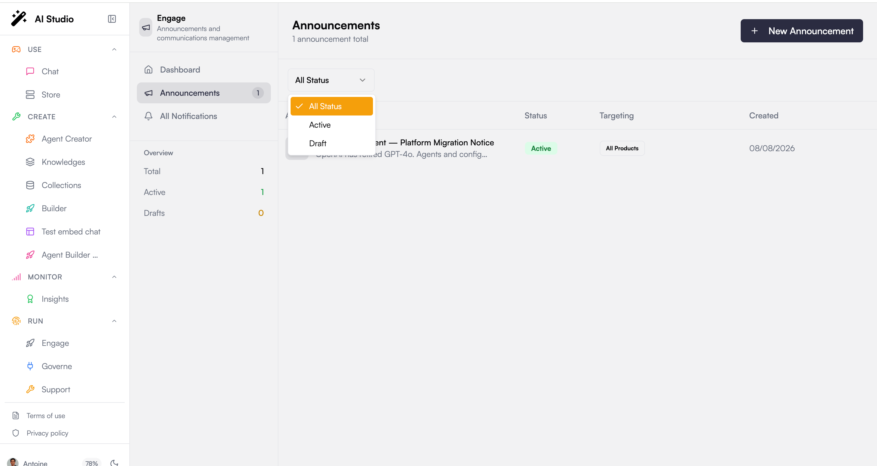 Announcements list with status filter, targeting summary, and per-row actions