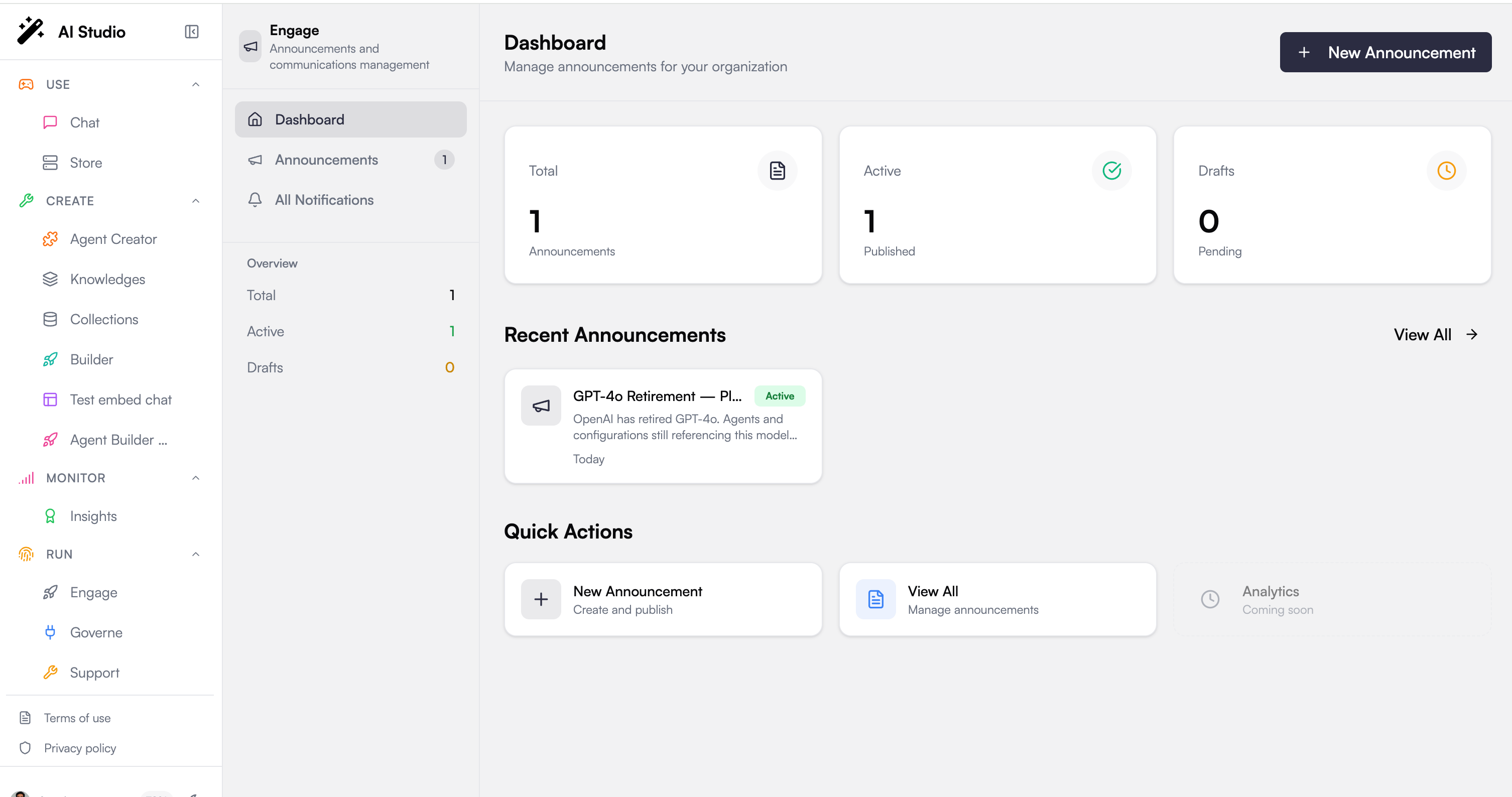 Engage dashboard with announcement stats, recent announcements, and quick actions