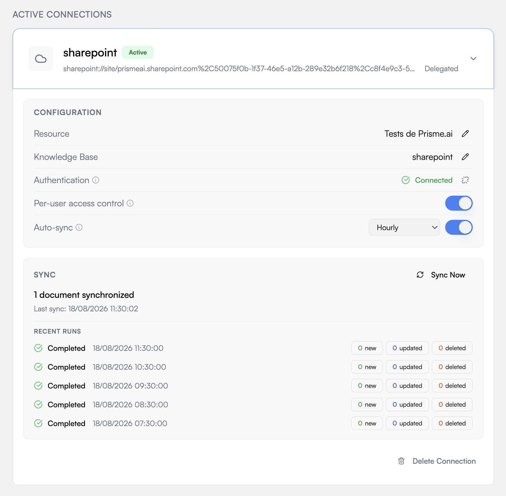 An unfolded connection: configuration rows, sync totals, and the last runs with their new / updated / deleted counters