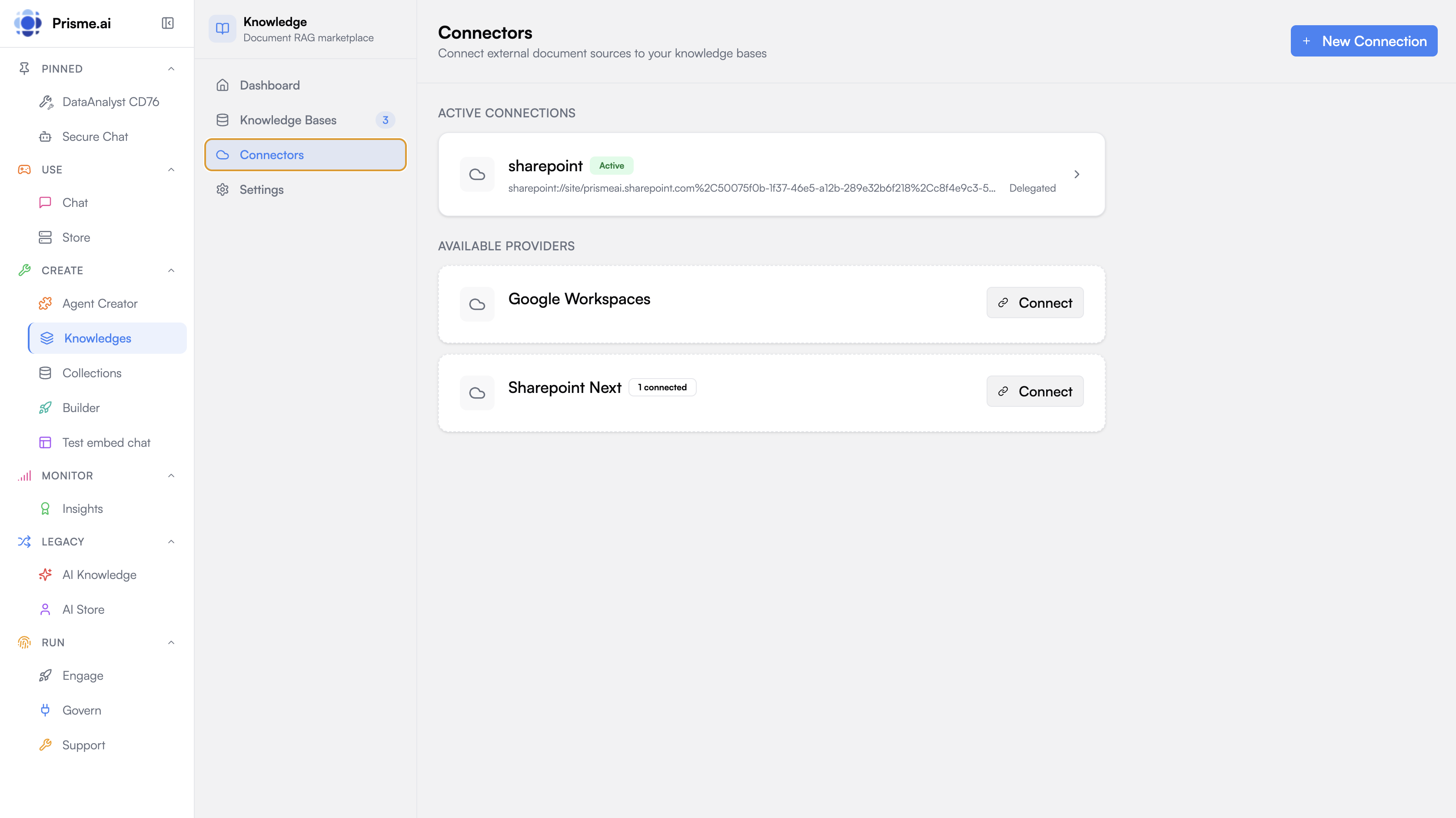 The Connectors page: one active connection, and the providers available to set up