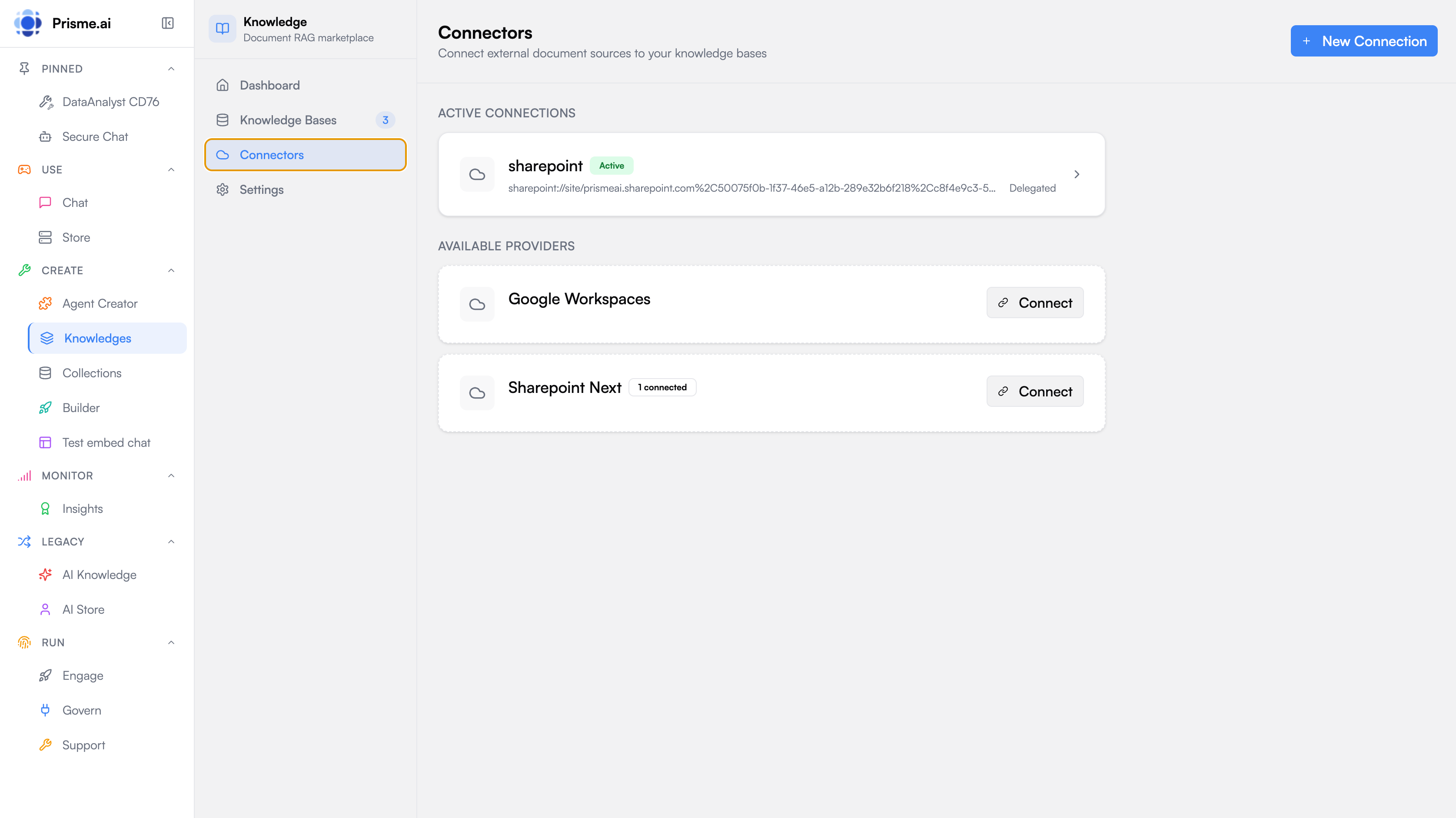 The Connectors page: one active connection, and the providers available to set up