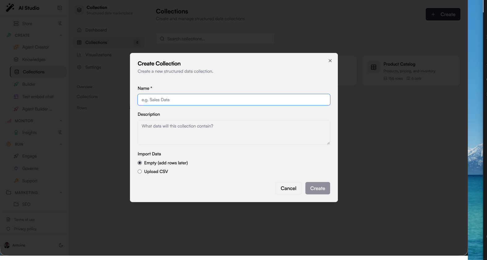 Create Collection dialog with CSV import option