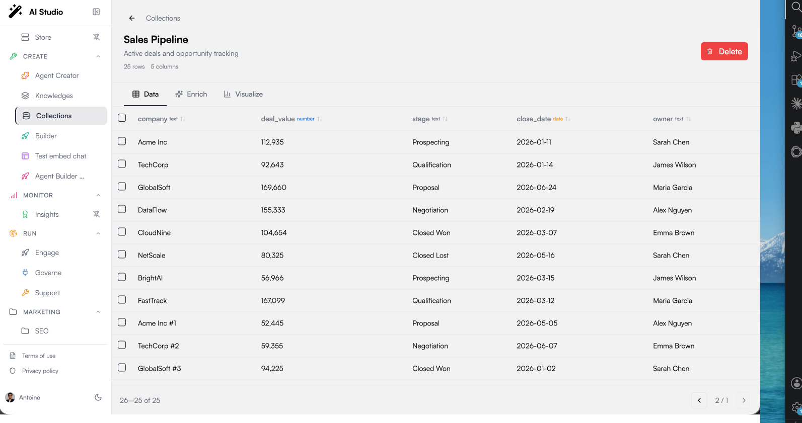 Collection data table