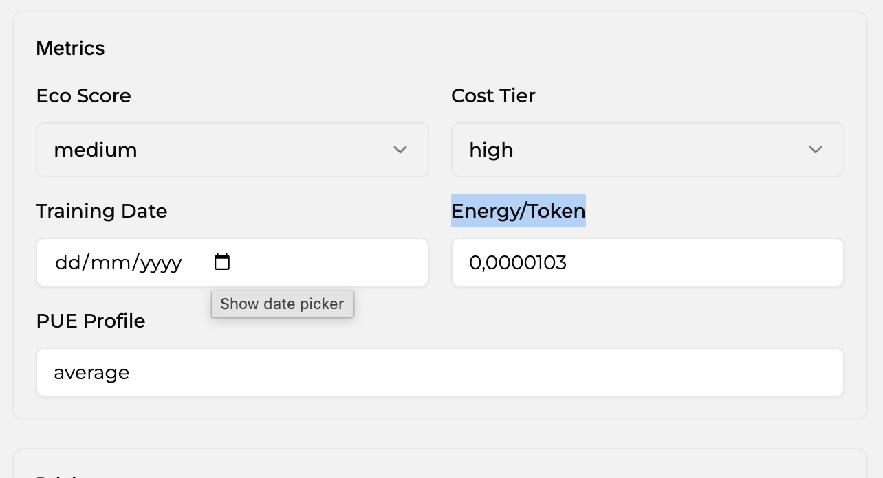 Model declaration — Metrics section (Energy/Token, PUE Profile, Eco Score)