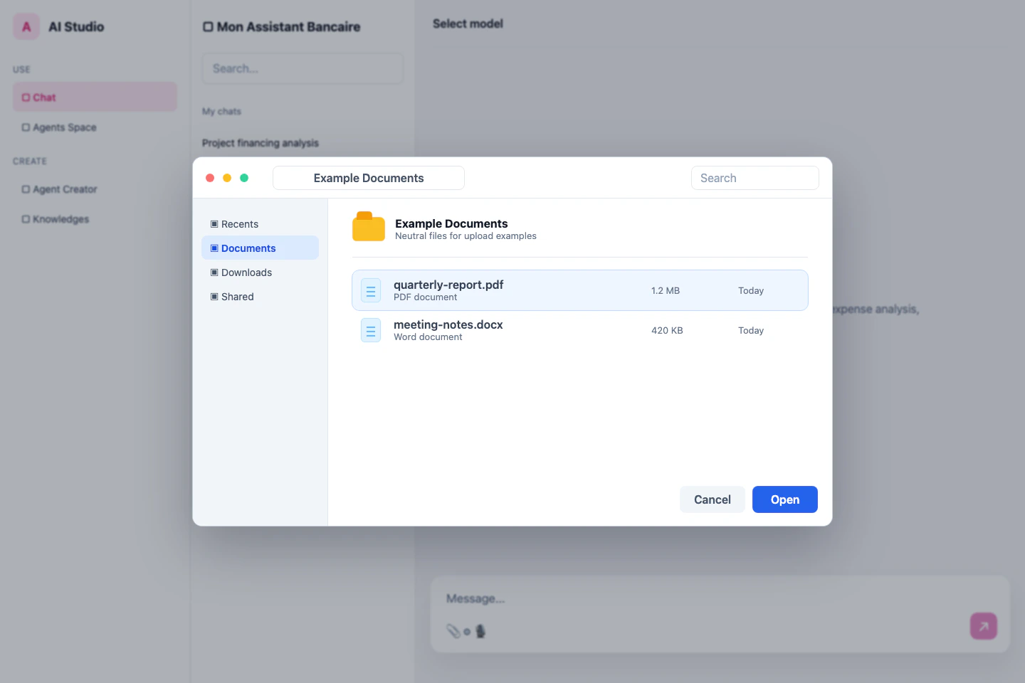 Chat file picker open over the conversation view