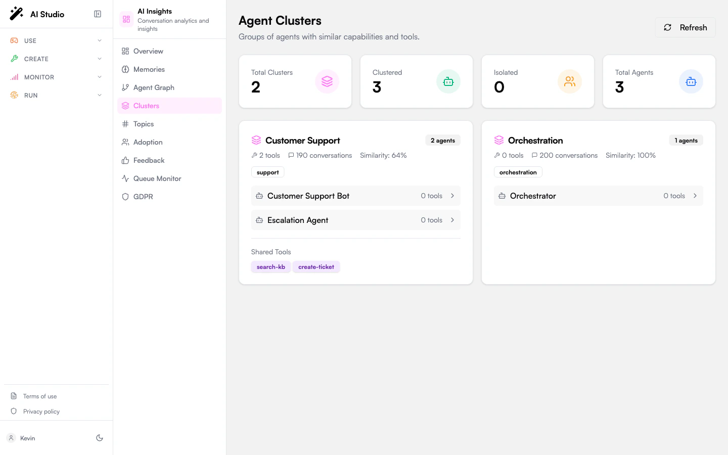 Clusters page with stats cards plus cluster cards showing categories, agents, and shared tools