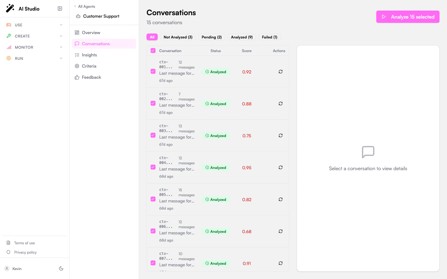 Conversations table with multiple rows selected and the Analyze N selected button visible