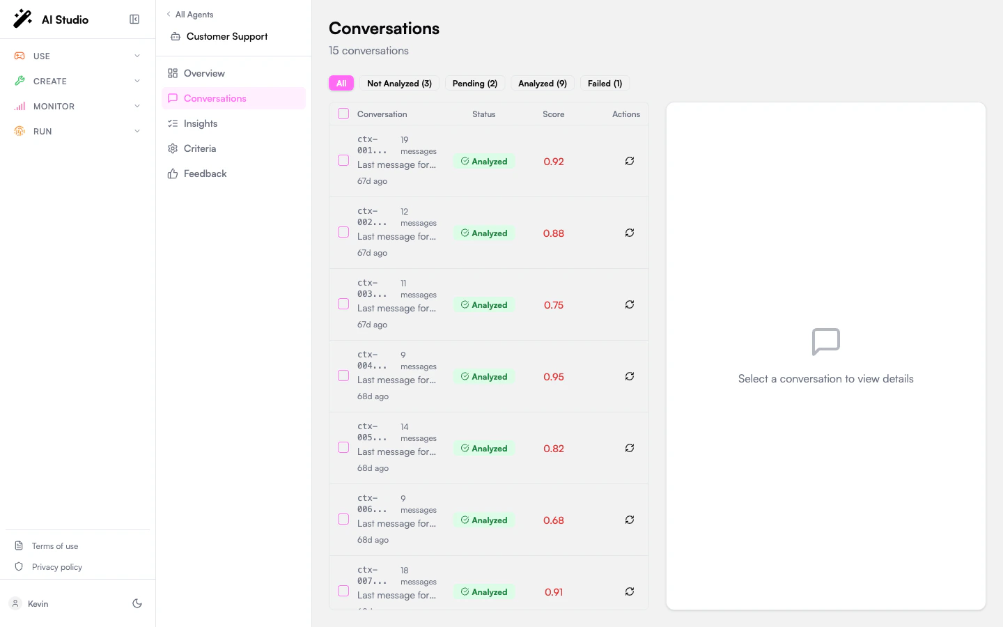 Conversations page with the status filter strip, conversation table, and detail panel showing messages