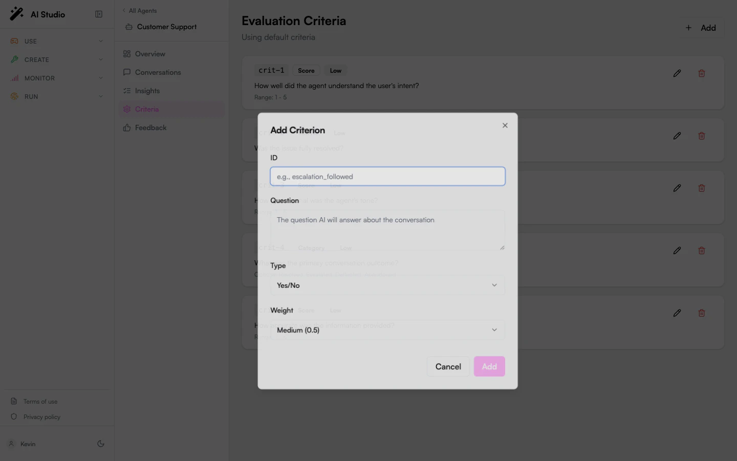 Add Criterion dialog with ID, Question, Type, and Weight fields