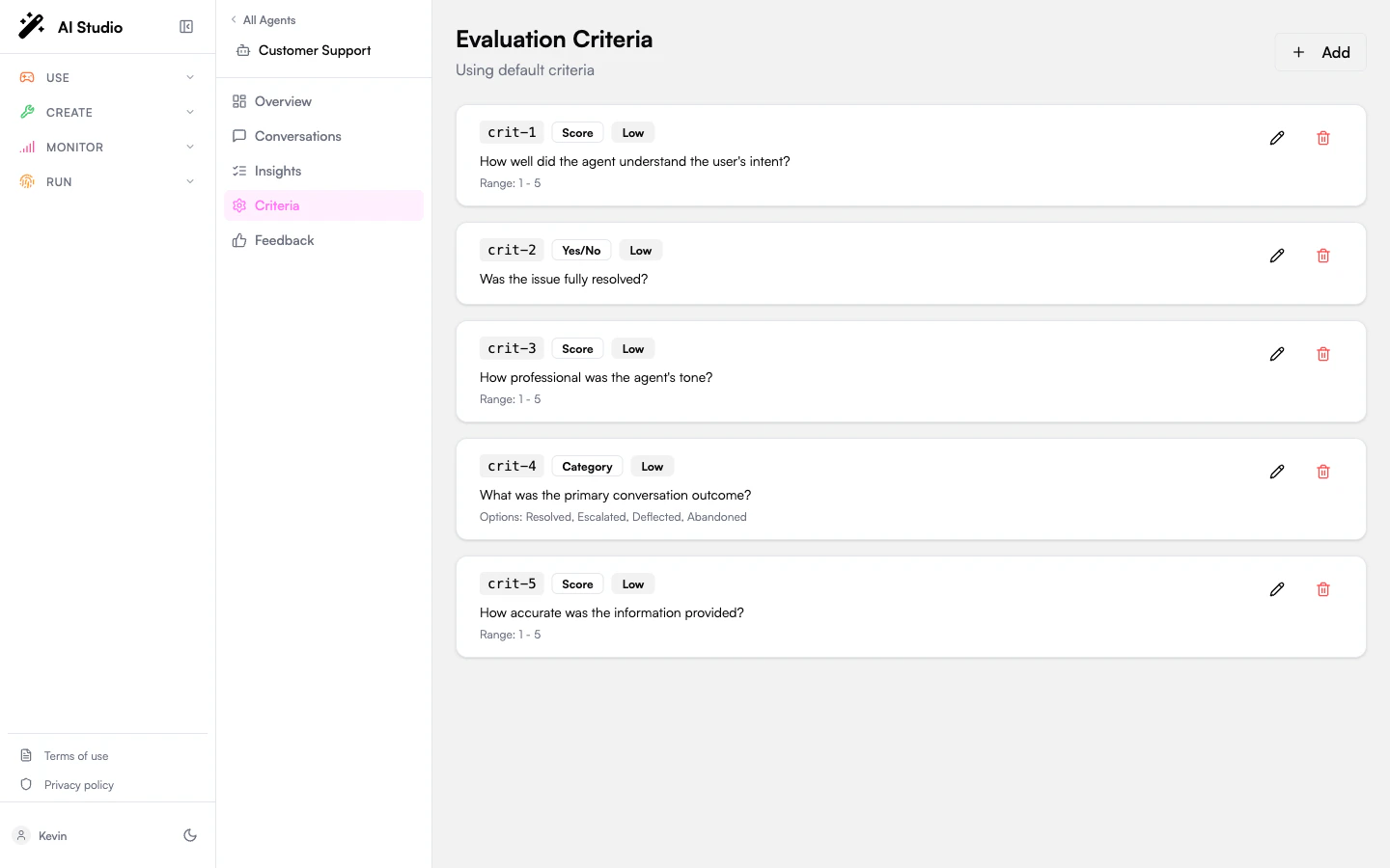 Evaluation Criteria page showing a list of criteria with type and weight badges