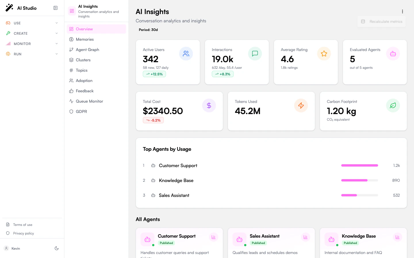 Dashboard top-right three-dot menu open with the Recalculate metrics action