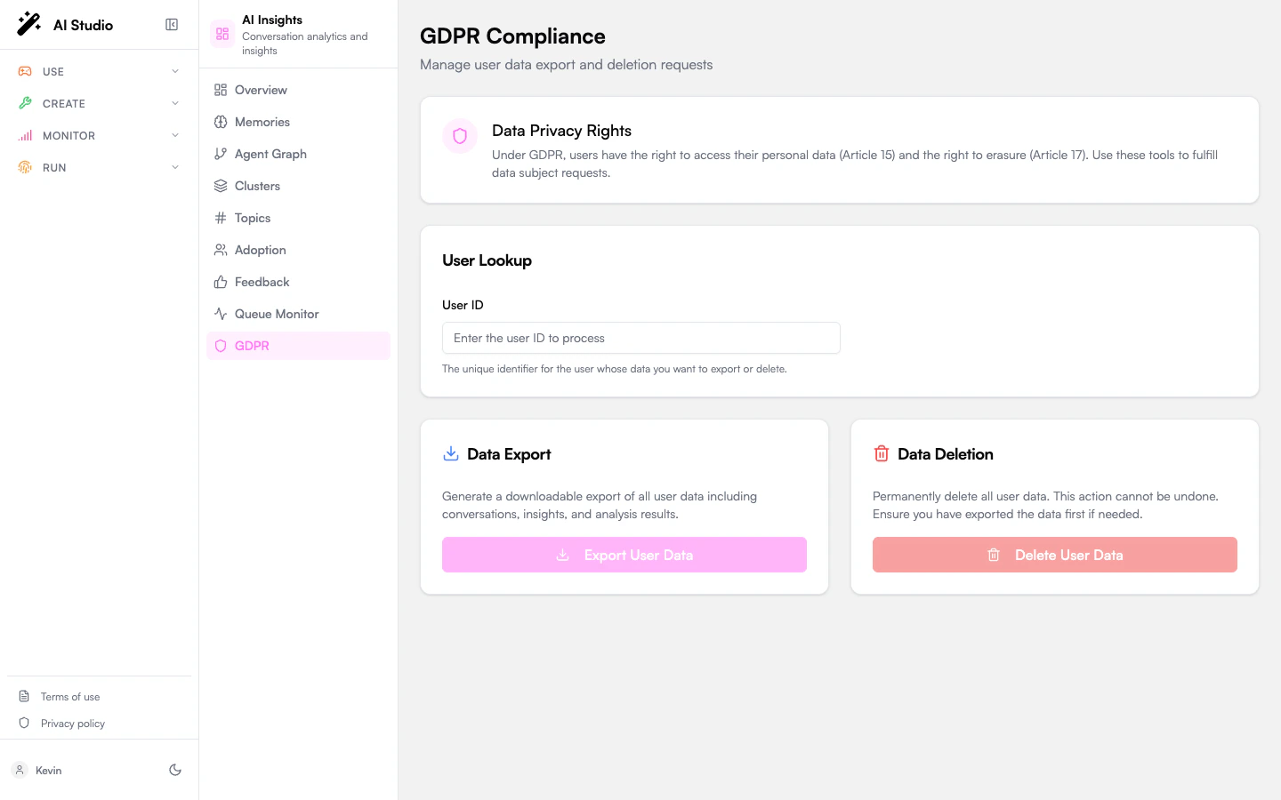 GDPR page with the Data Privacy Rights info card, User Lookup input, and the Data Export and Data Deletion cards