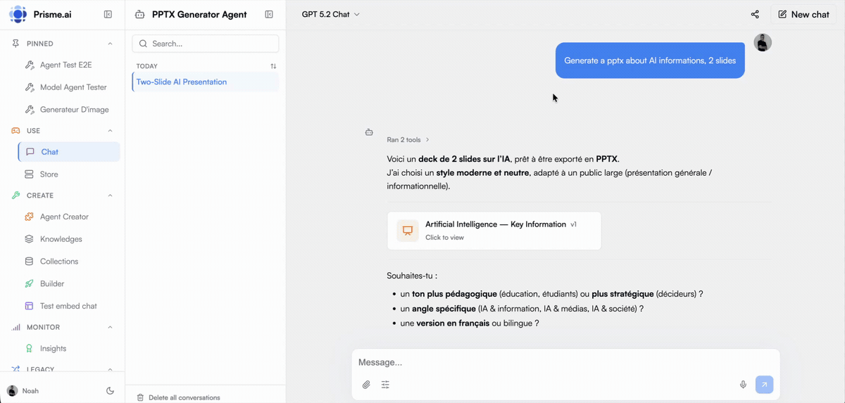 Slides artifact — live preview with PPTX/PDF export
