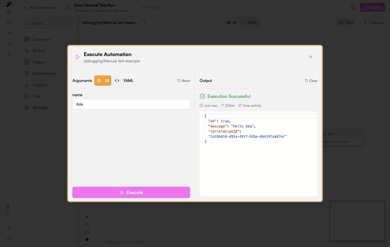 Manual automation test run with execution output and activity link