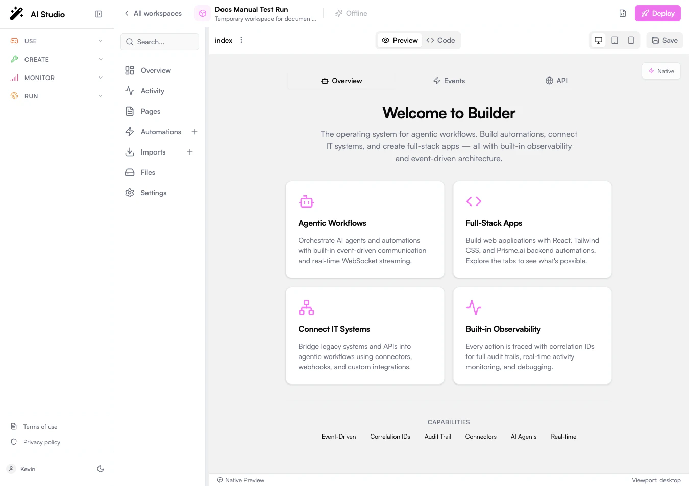 Builder page preview with the Pages section selected