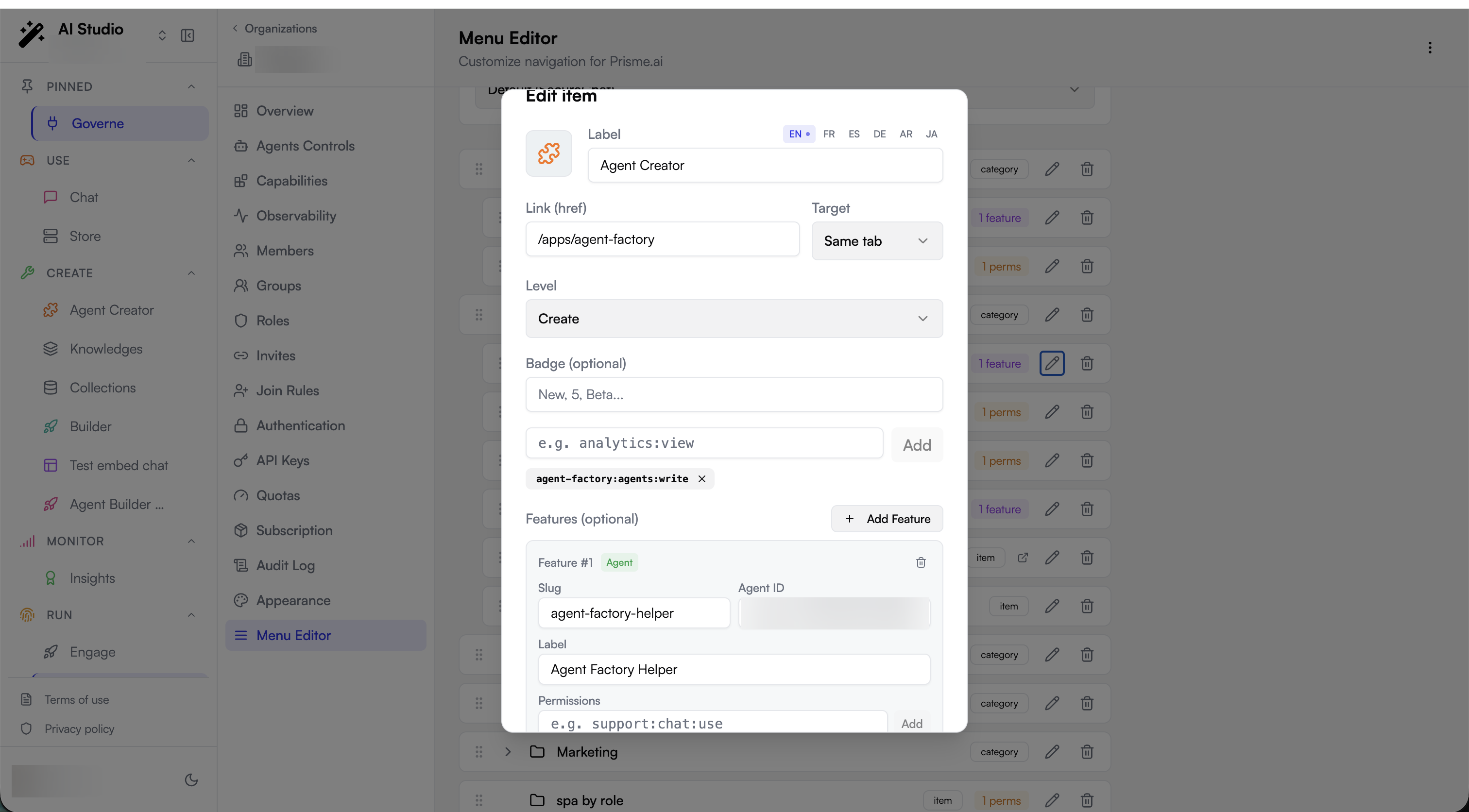 The Edit item dialog with an agent feature: Slug, Agent ID, and Label fields