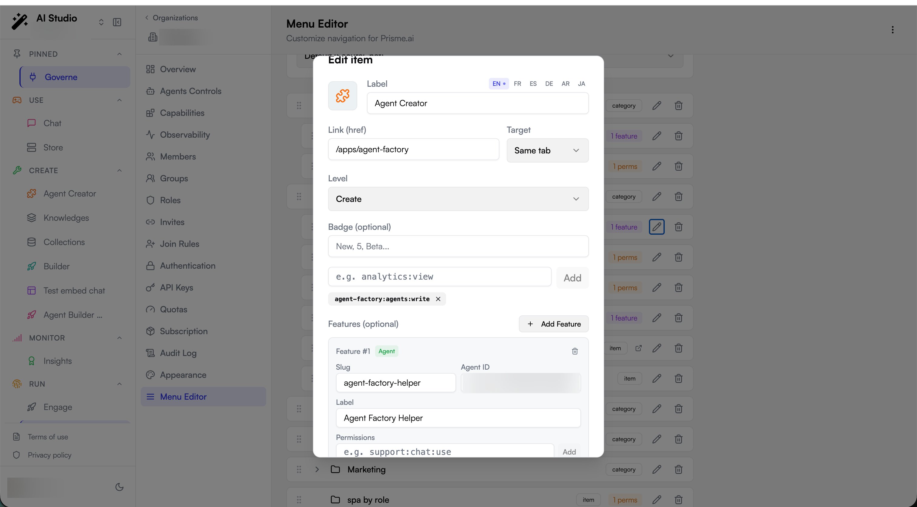 The Edit item dialog with an agent feature: Slug, Agent ID, and Label fields