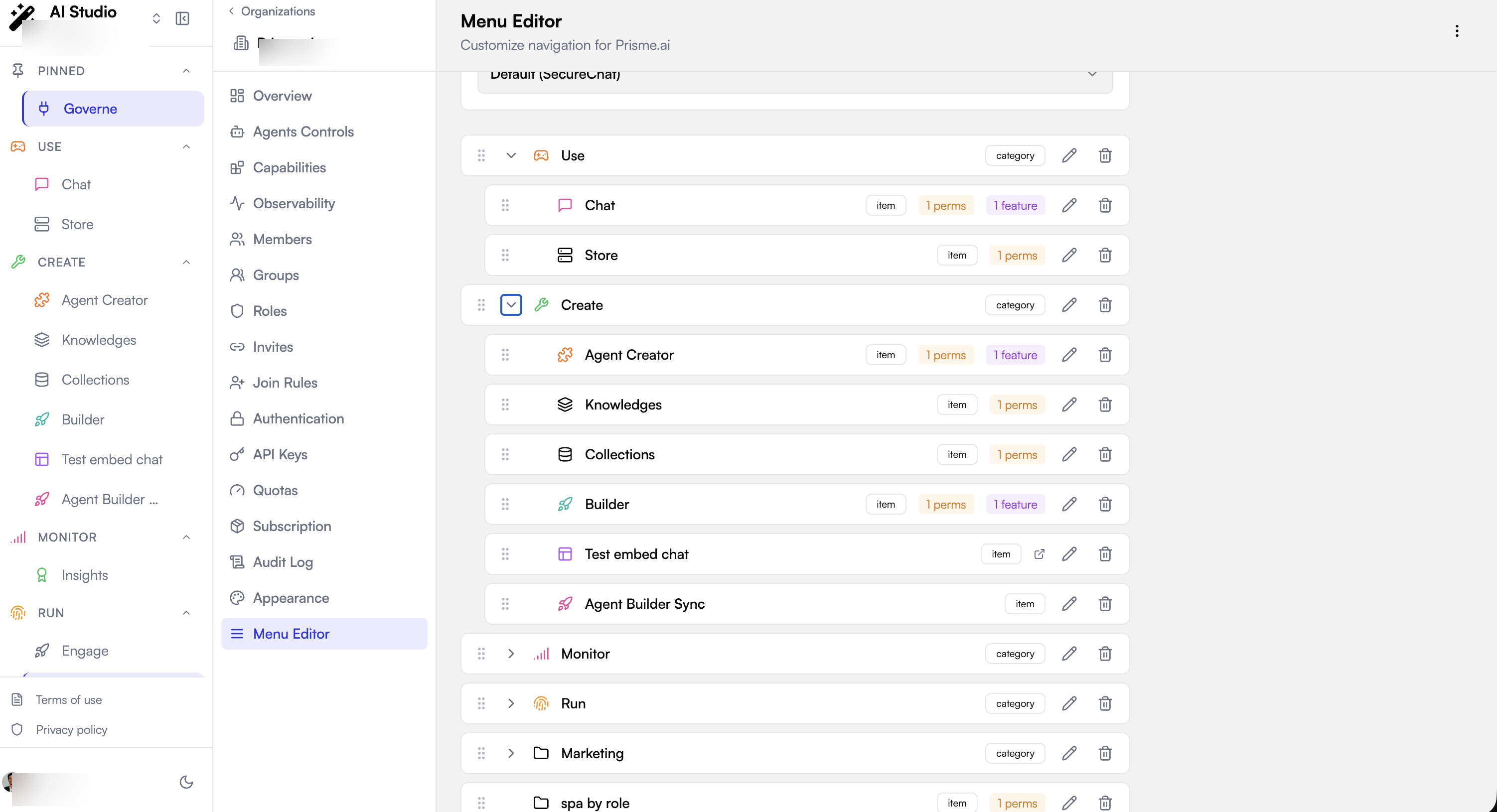 The Menu Editor tree, with the Chat, Agent Creator and Builder items carrying a feature badge