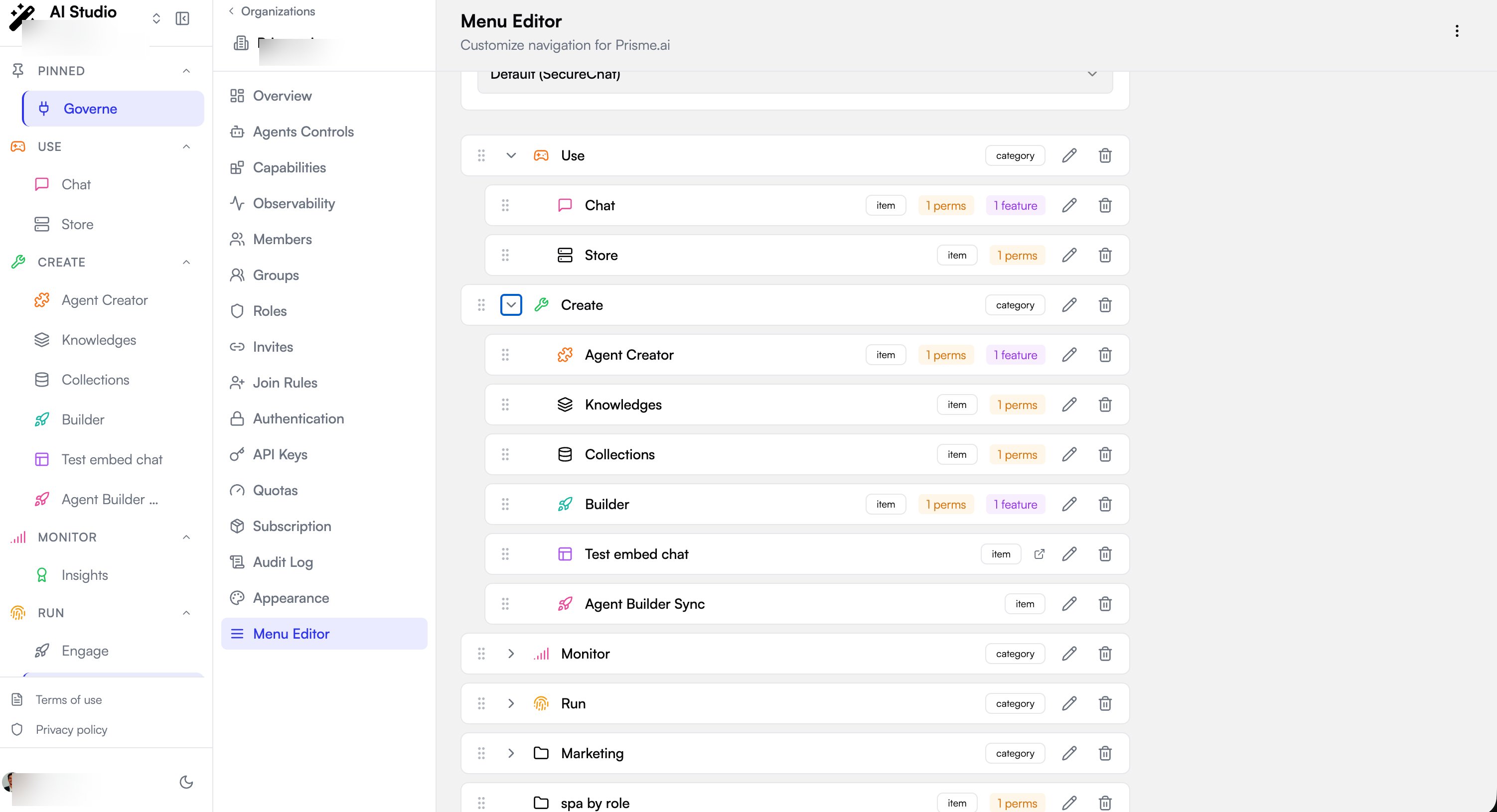 The Menu Editor tree, with the Chat, Agent Creator and Builder items carrying a feature badge