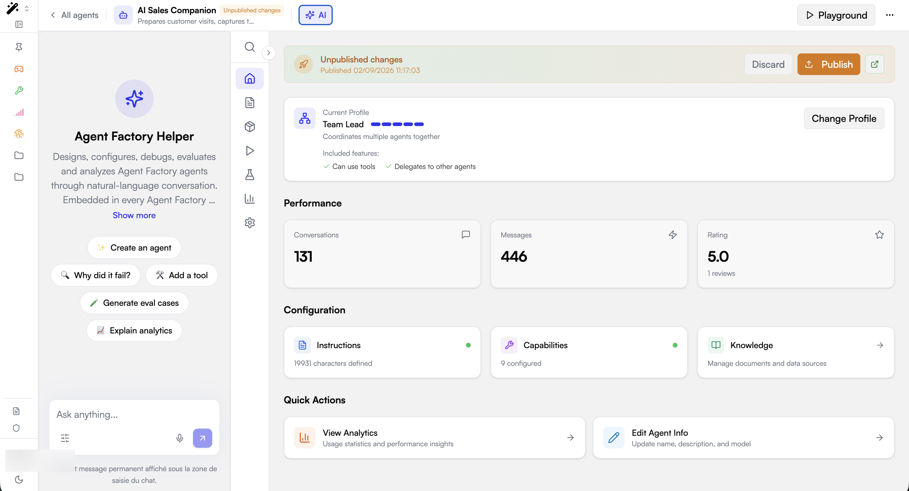 The Agent Factory Helper embedded as an assistant panel, with quick actions and an Ask anything input