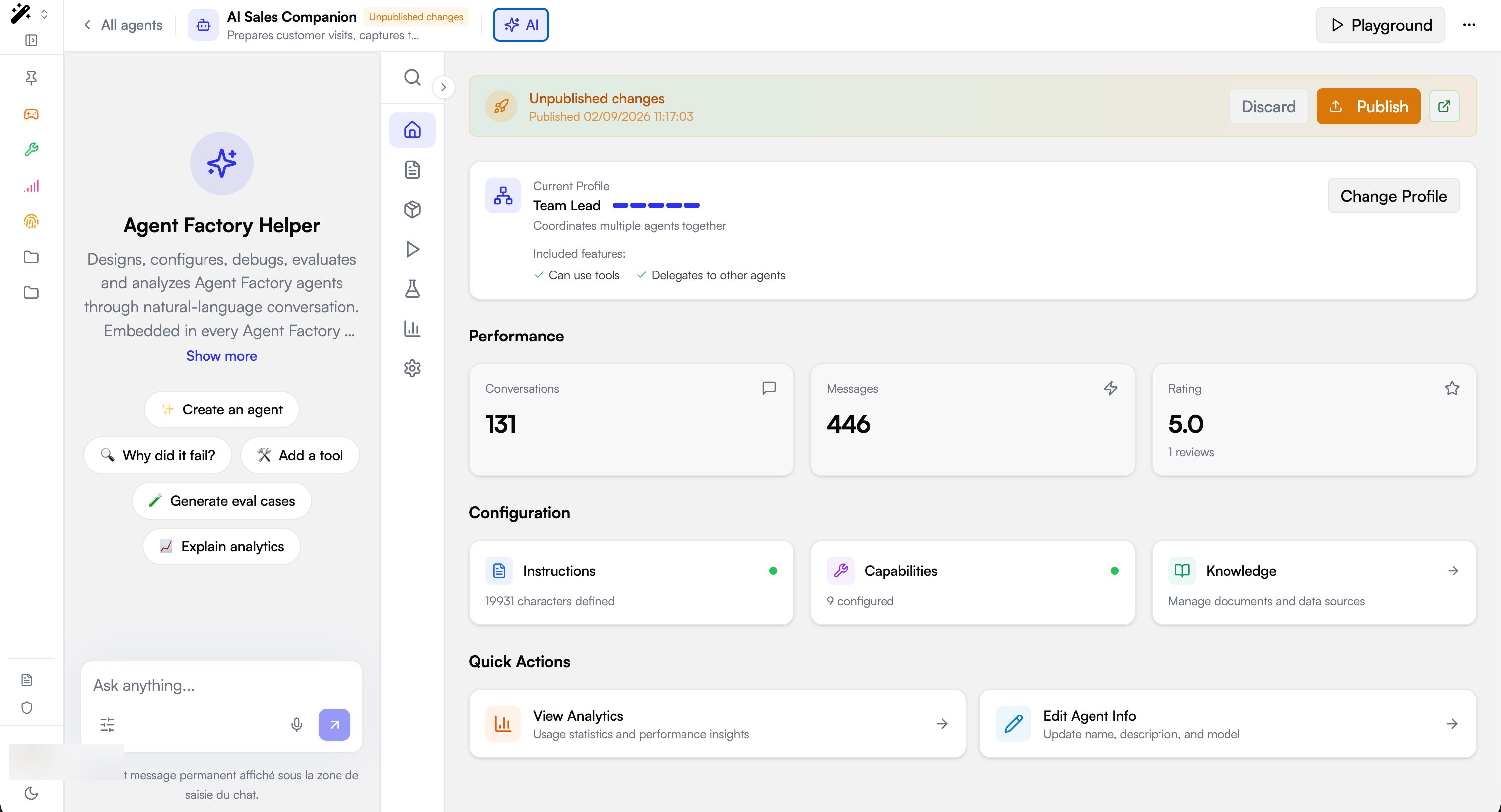 The Agent Factory Helper embedded as an assistant panel, with quick actions and an Ask anything input