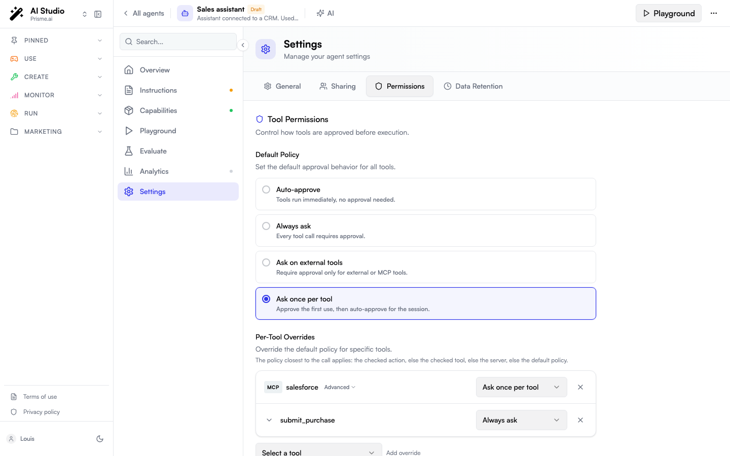 Agent Creator Permissions tab with Default Policy section and the four options