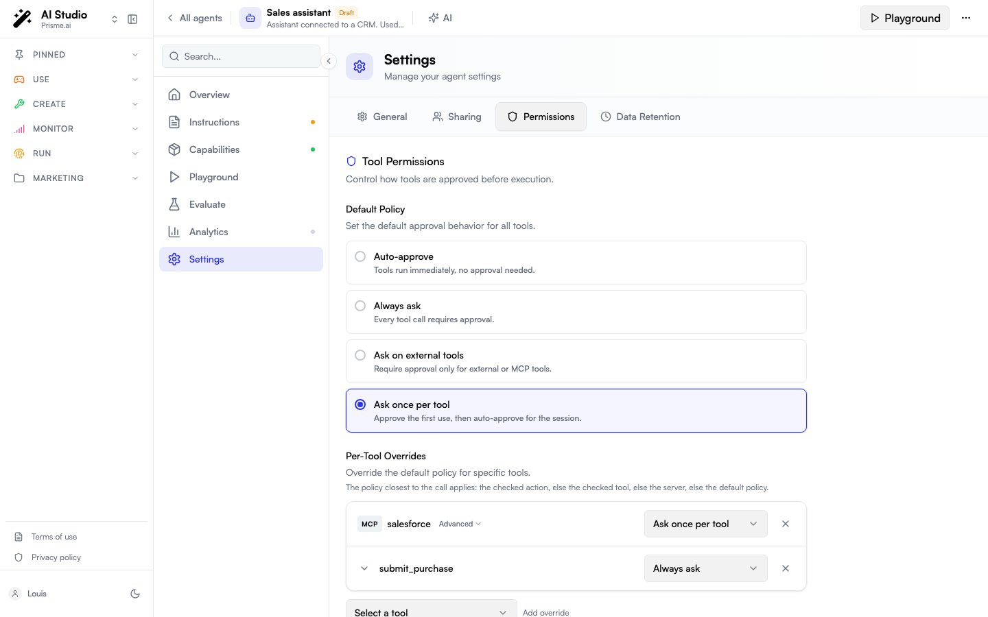 Agent Creator Permissions tab with Default Policy section and the four options