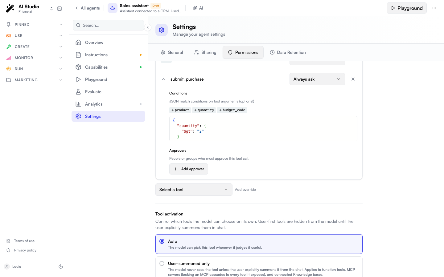 Per-tool override expanded for submit_purchase showing tool name, policy dropdown, conditions JSON, and approvers