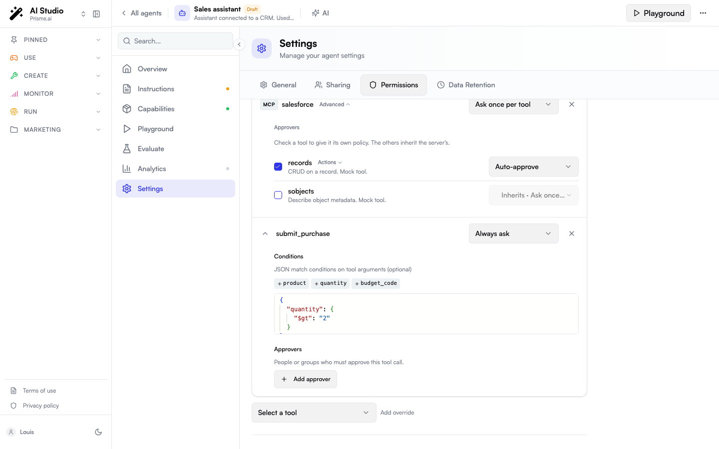 Permissions tab with the salesforce MCP server expanded by Advanced: the records tool checked on Auto-approve, the sobjects tool inheriting Ask once per tool