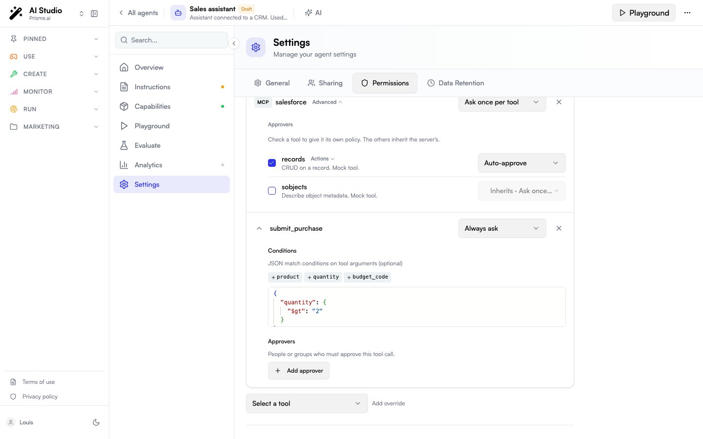 Permissions tab with the salesforce MCP server expanded by Advanced: the records tool checked on Auto-approve, the sobjects tool inheriting Ask once per tool