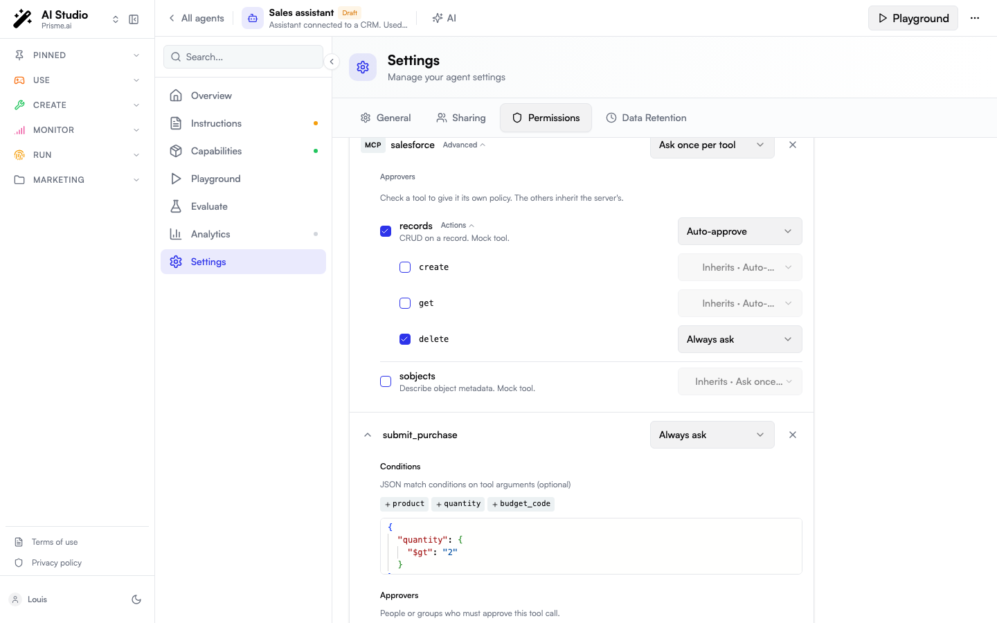 The records tool expanded into its actions: create and get inherit Auto-approve from the tool, delete is set to Always ask