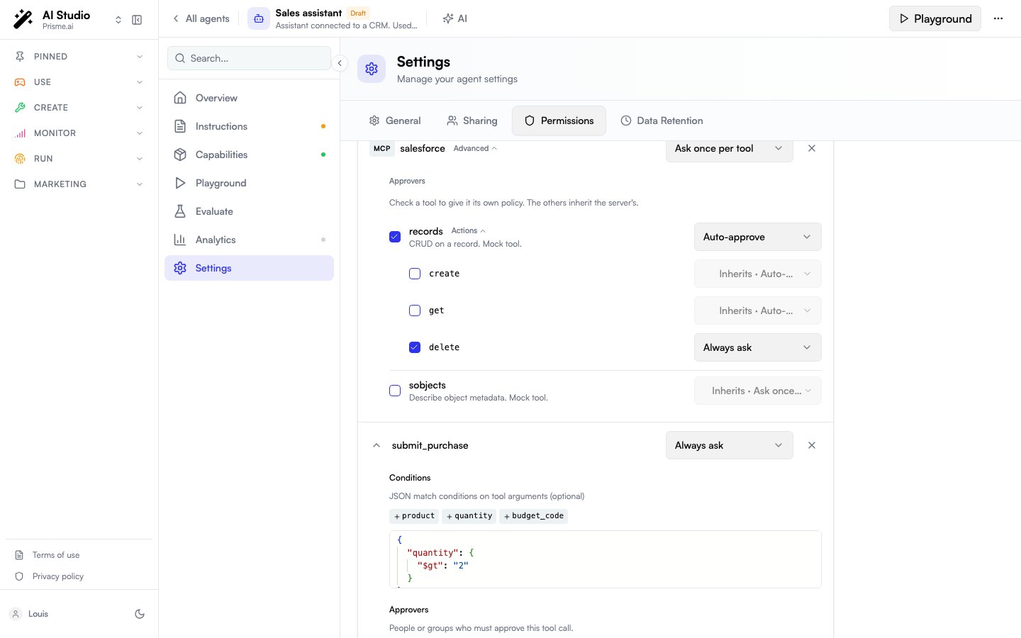 The records tool expanded into its actions: create and get inherit Auto-approve from the tool, delete is set to Always ask