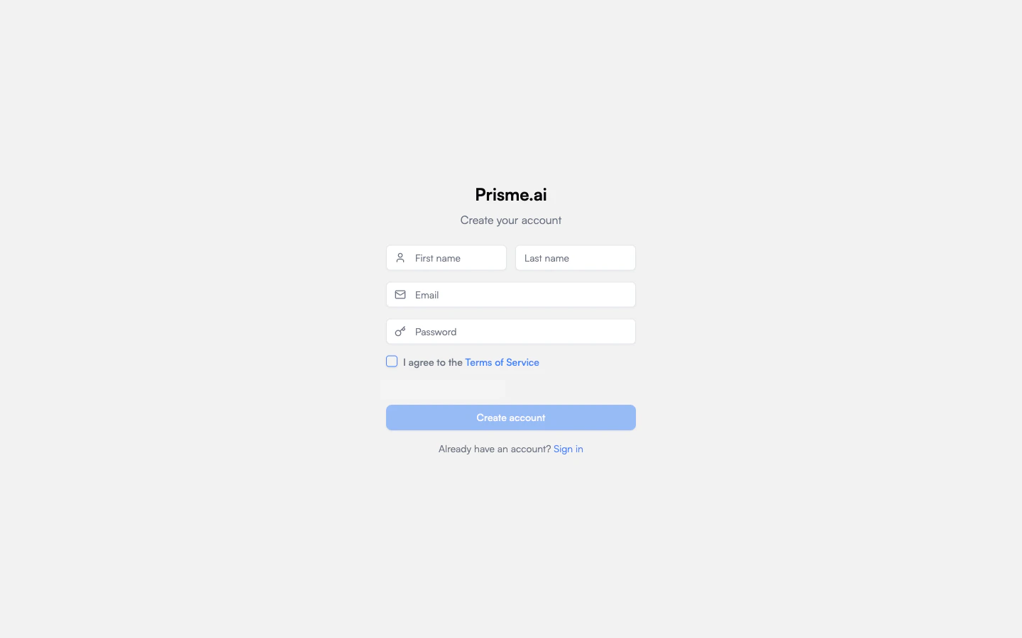 Prisme.ai account creation form