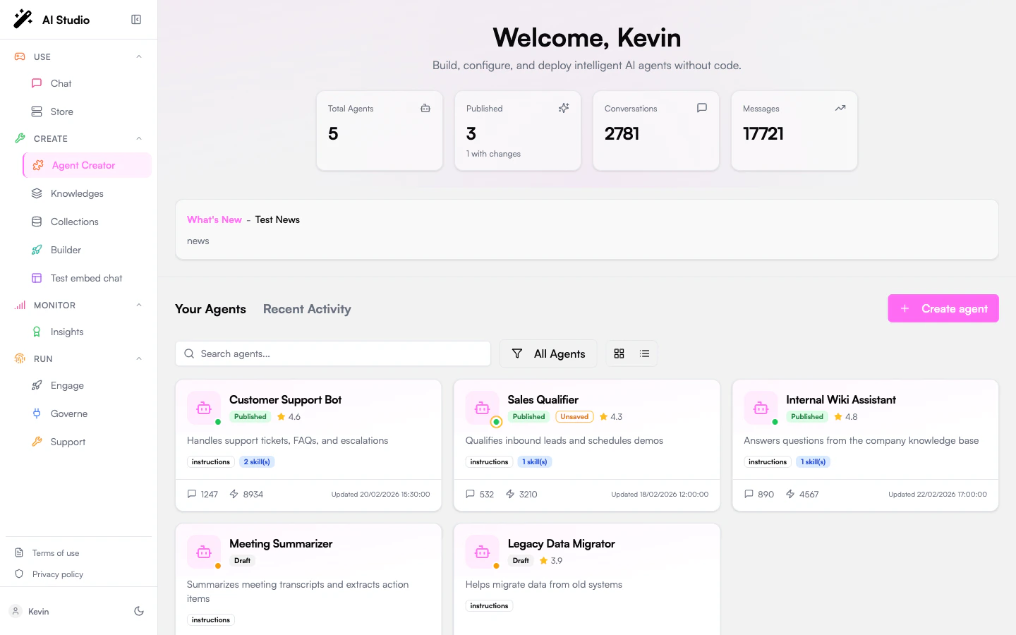 Agent Creator dashboard with agent cards