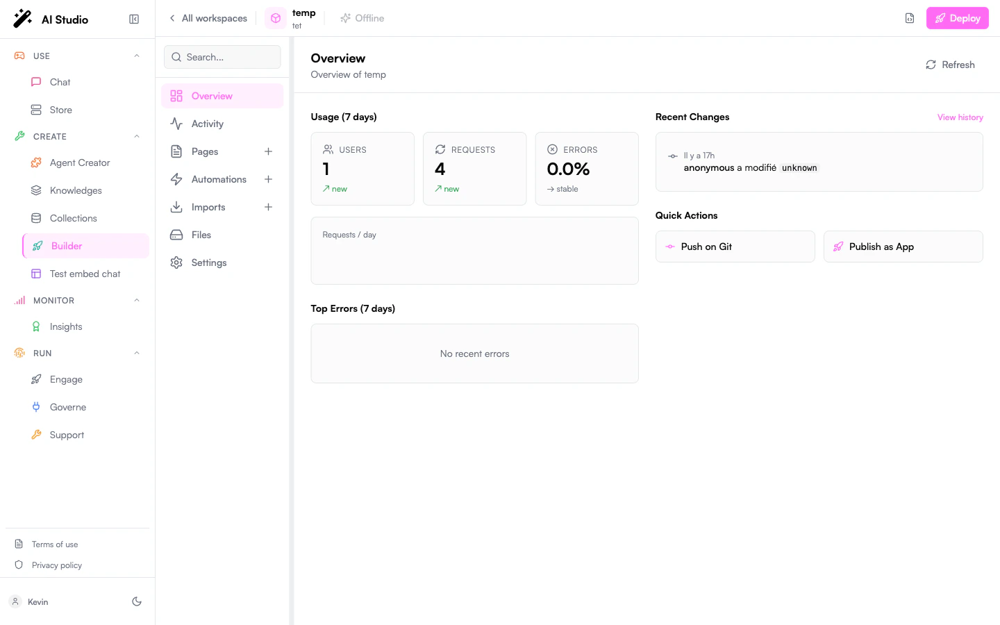 Builder workspace overview with sidebar navigation