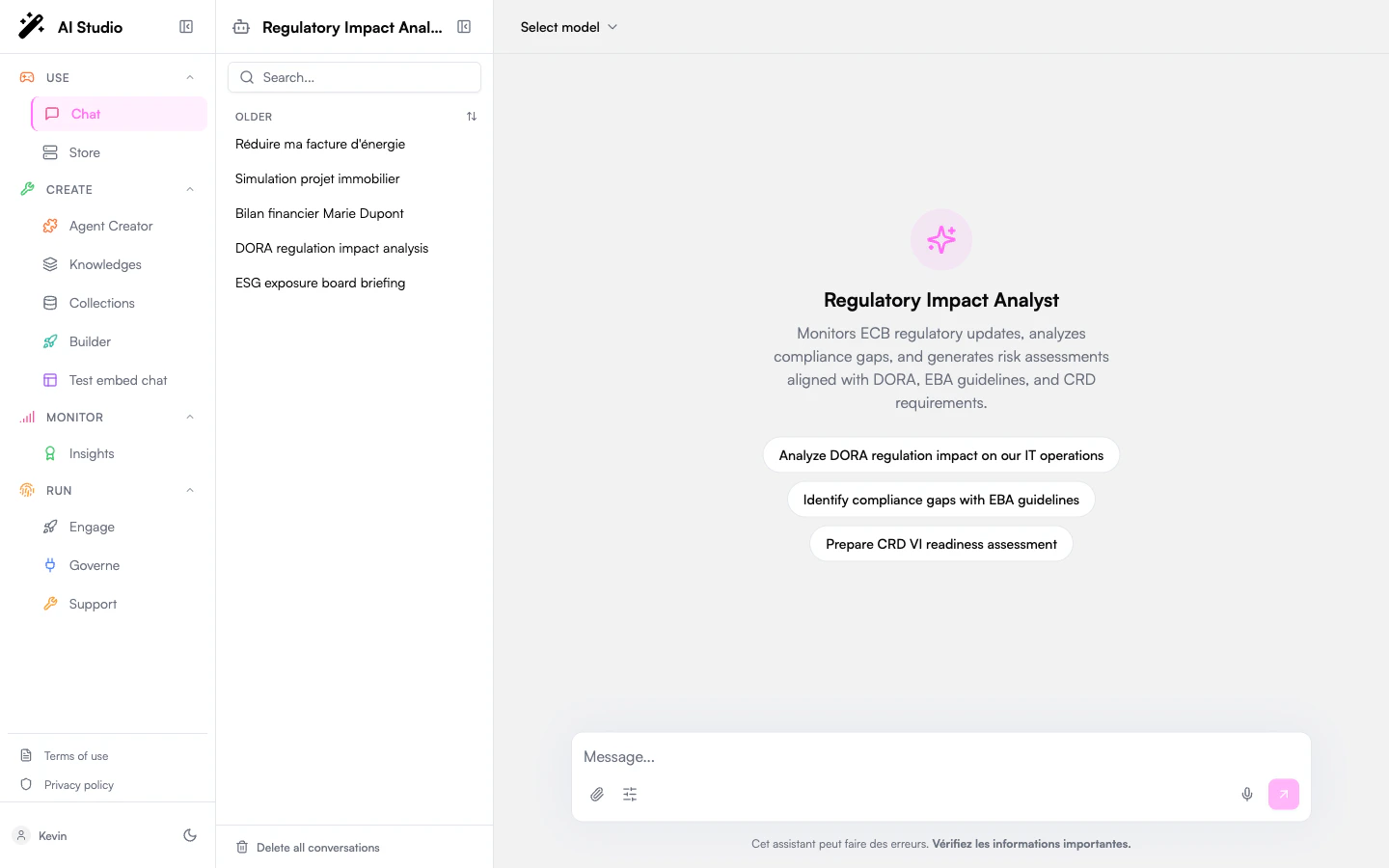 Chat conversation interface with an assistant ready for a message
