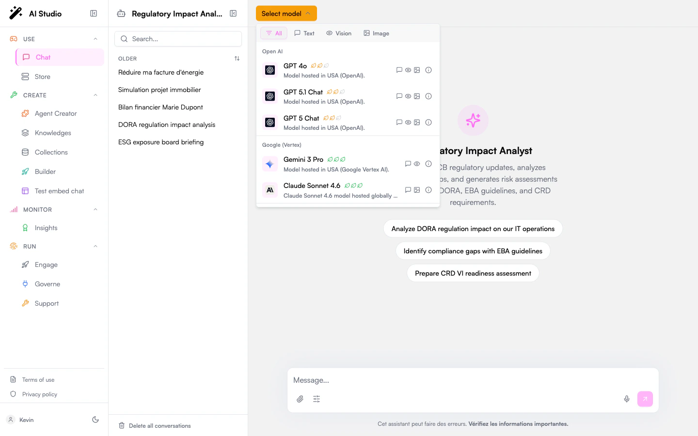 Chat conversation with the model selector open