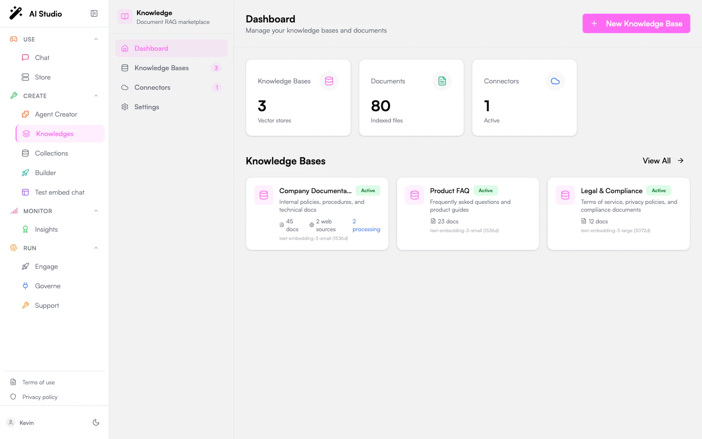 Knowledges dashboard with product navigation