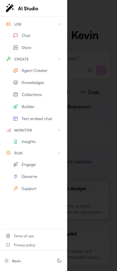 Prisme.ai mobile navigation drawer