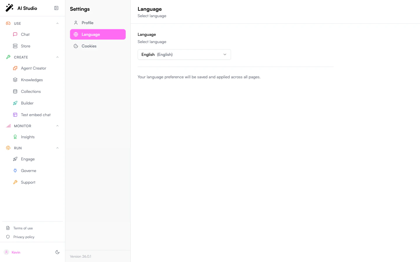 Settings page with the Language tab selected