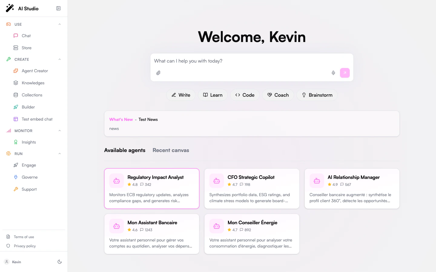 Prisme.ai side navigation menu